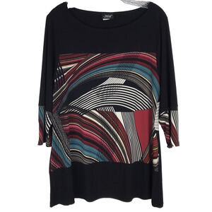 Jostar Tunic Top Wide Neck Abstract Print 3/4 Sleeve Black Red Large Made in USA